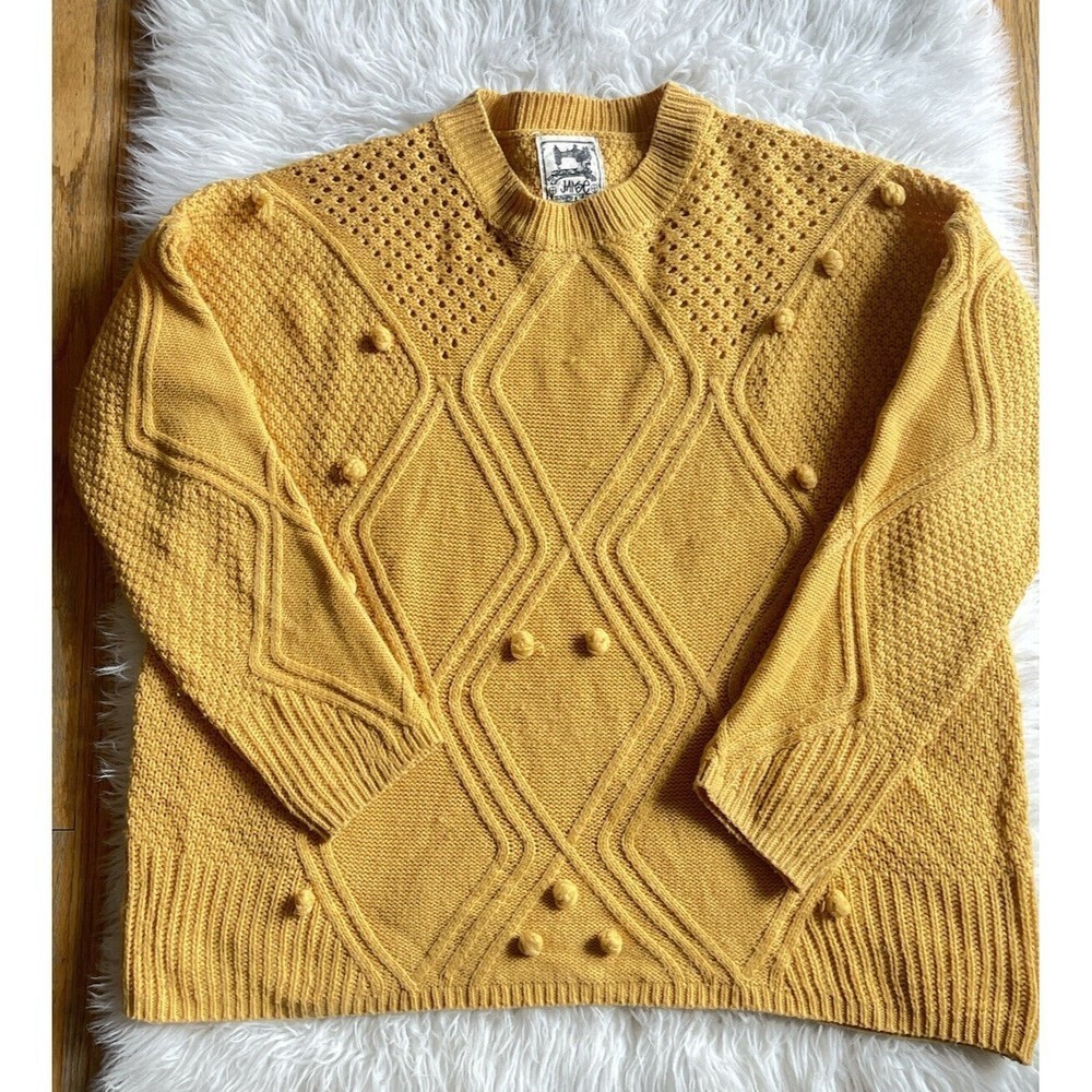 Jaase Women’s Size Small mustard crew neck acrylic knit sweater Pom Poms
